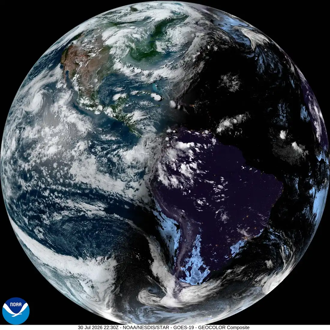 GOES-19 full-disk GeoColor view of Earth showing the Atlantic and Caribbean