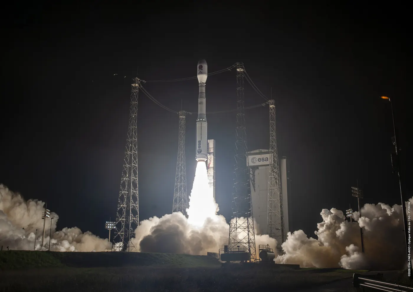 Vega-C rocket lifting off from Kourou with the SMILE spacecraft